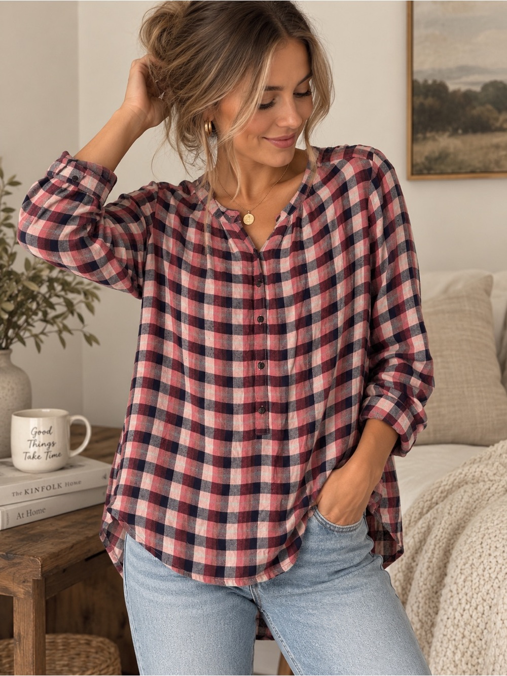 Lucky Brand Pink Navy Plaid Tunic Blouse M Boho 90s Fall Preppy